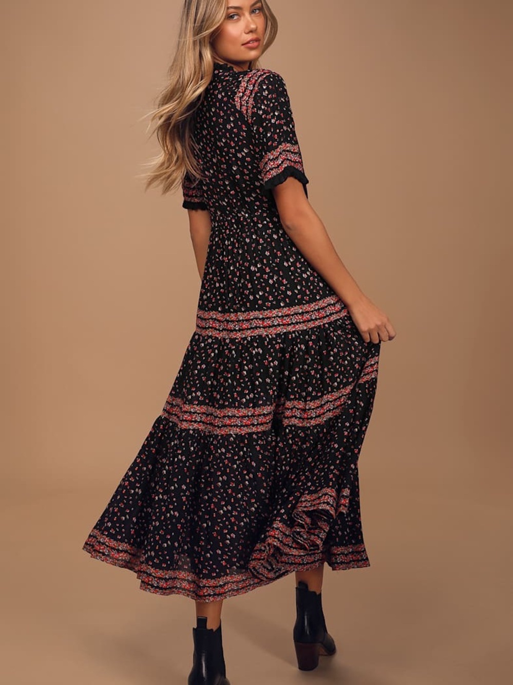 Free People Rare Feelings Black Floral Print Tiered Pleated Maxi Dress. Small - Picture 2 of 6